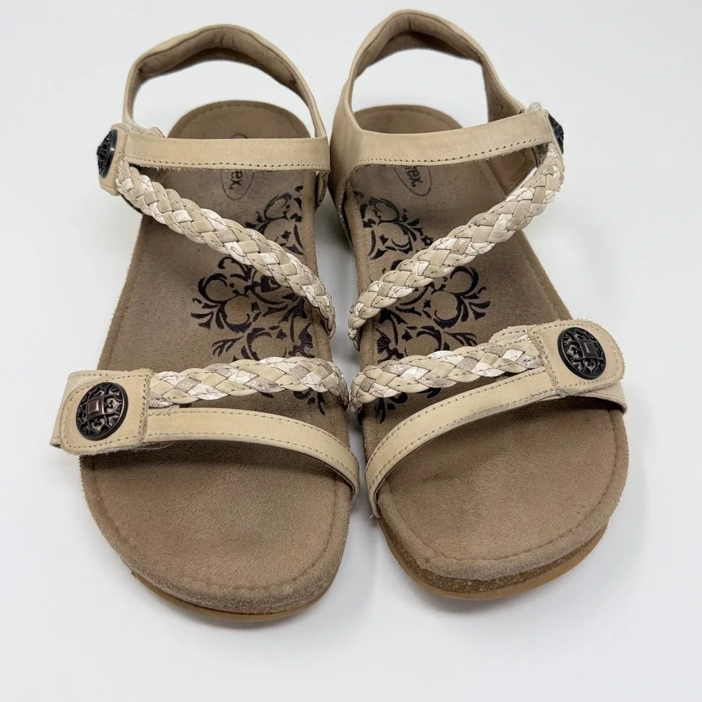 Aetrex Womens 8 Jillian Cream Leather Braided Strap Orthotic Sandals Grandmacore